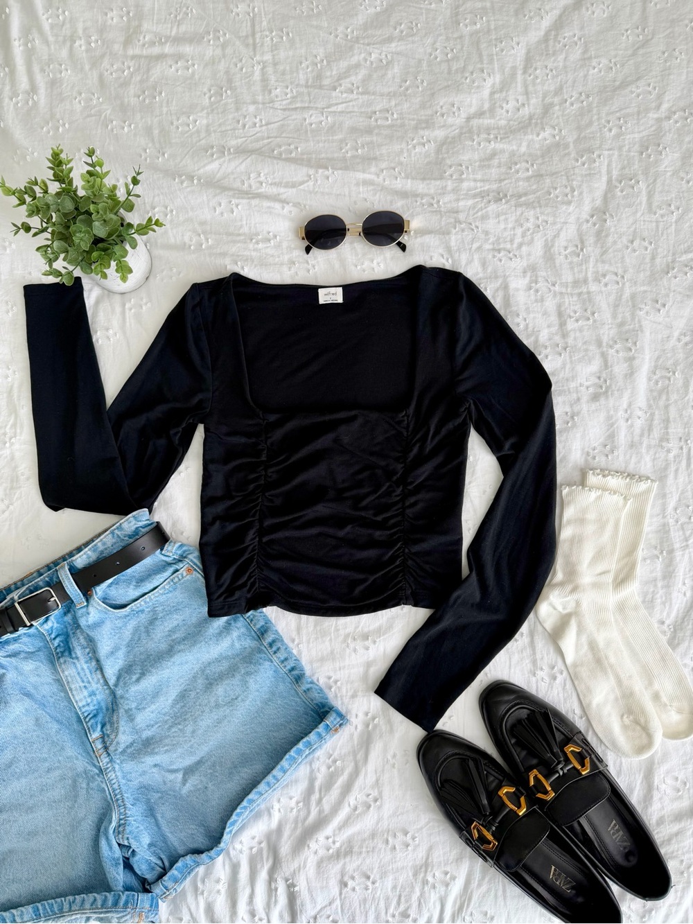 Wilfred Square-Neck Ruched Long-Sleeve Top, Black